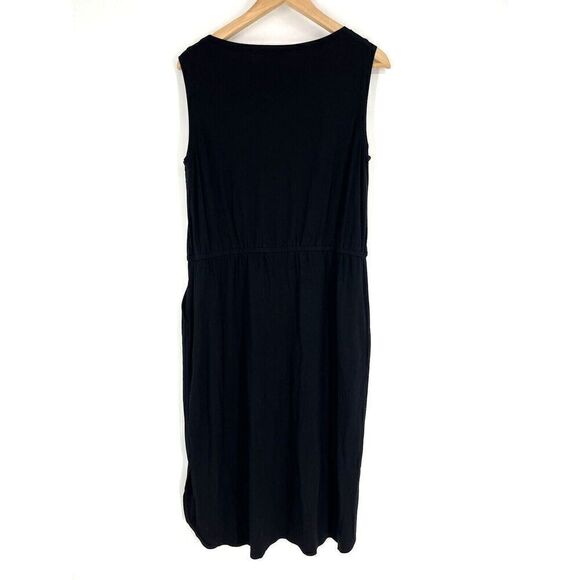 Eileen Fisher Dress Size Medium Black Boat Neck Sleeveless Midi Knit Drawstring - Picture 4 of 6